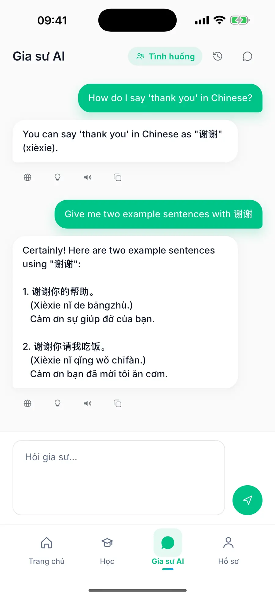 Gia sư AI đang giải thích cách nói cảm ơn và đưa hai câu ví dụ với 谢谢.